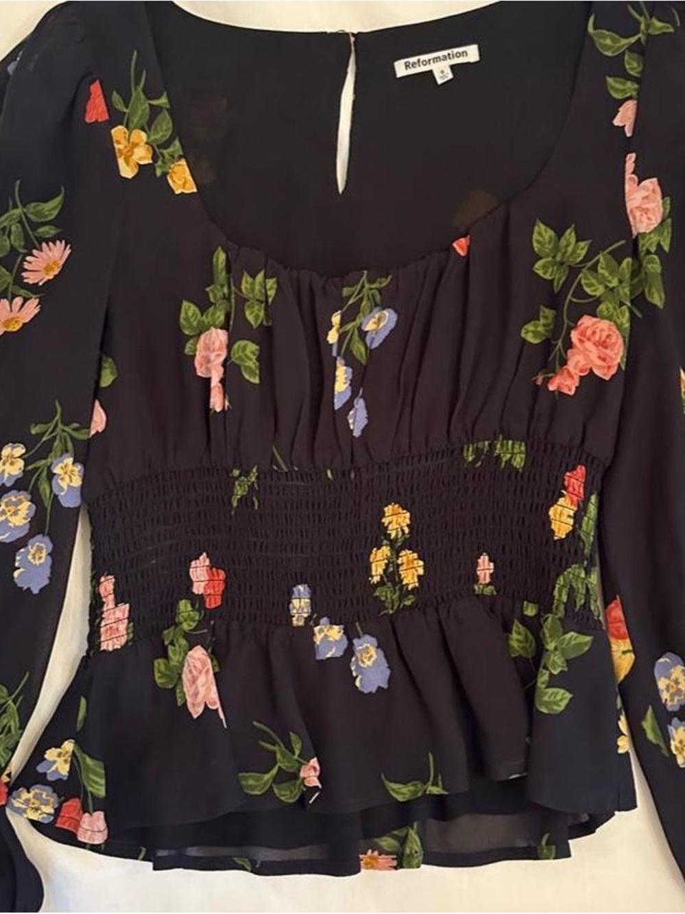 Reformation Black Floral Smocked Peplum Long-Sleeve Top